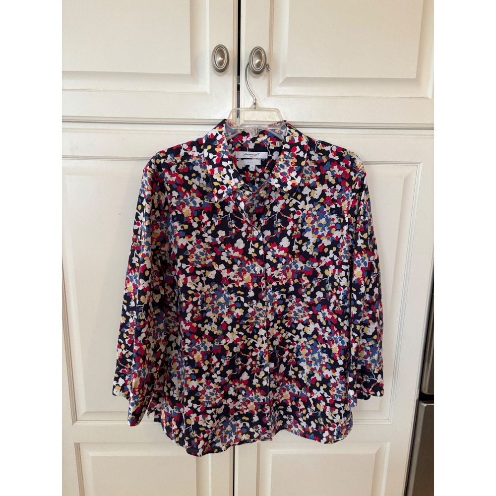 Foxcroft NYC Wrinkle Free Floral Button Down Shirt Navy Red Yellow Size 18